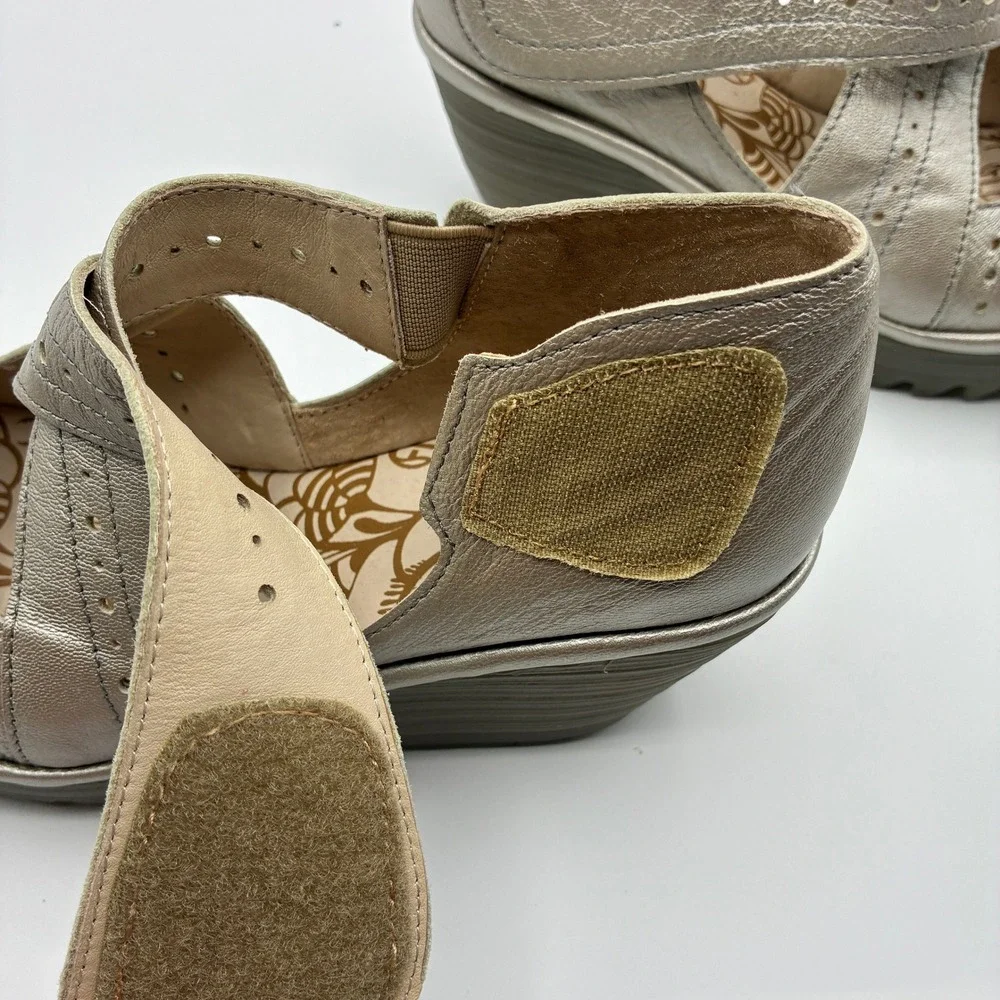 Fly London Yepe Wedge Sandals Womens 38 7.5-8 Gold Leather Perforated Mary Jane